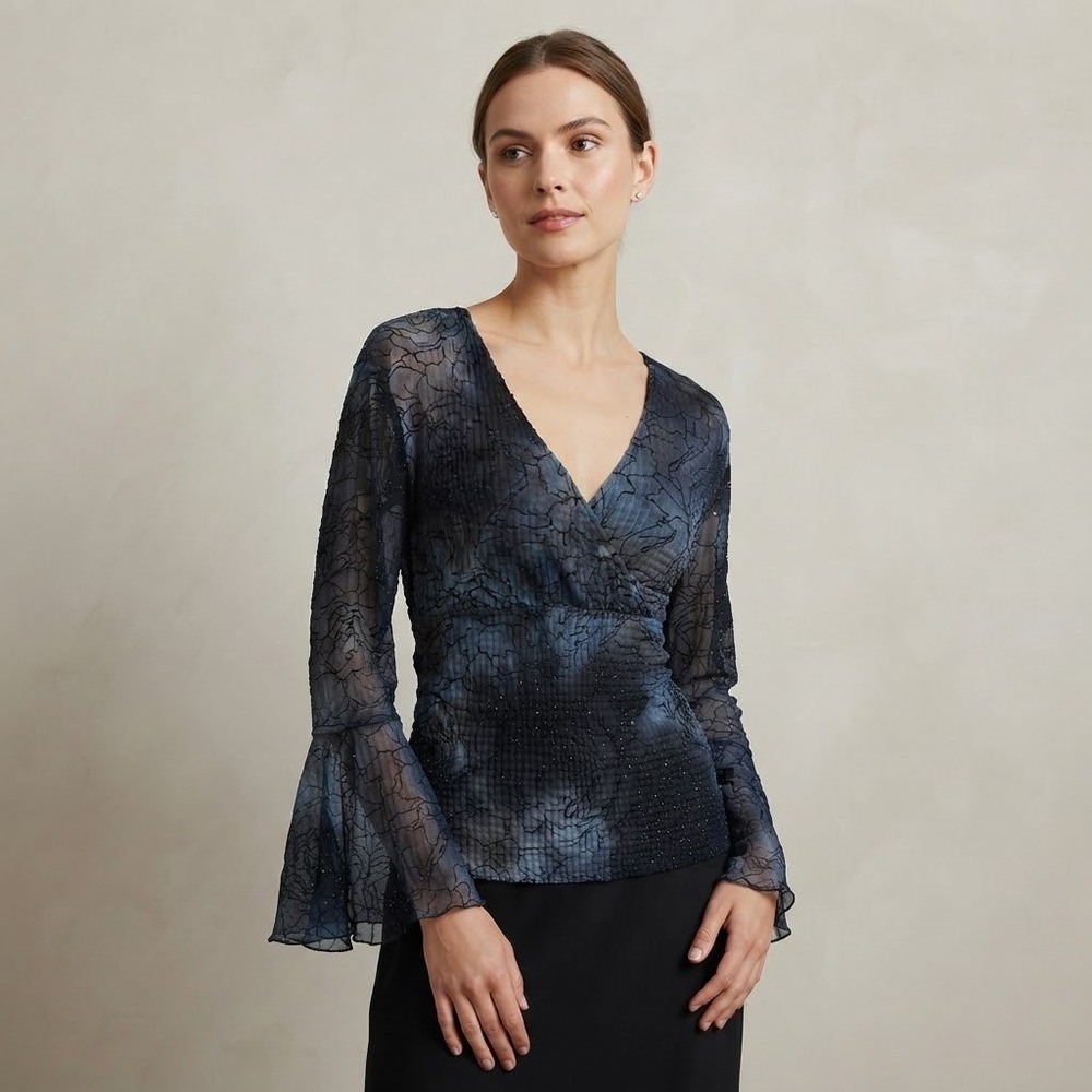 Kisca by Komarov Blue Black Sheer Crinkle Top Blouse 2 Small Bell Sleeve Witchy